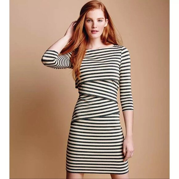 J. McLaughlin Nicola Dress Catalina Cloth Black Tan Metallic Stripe Tiered Sz XS - Picture 1 of 6